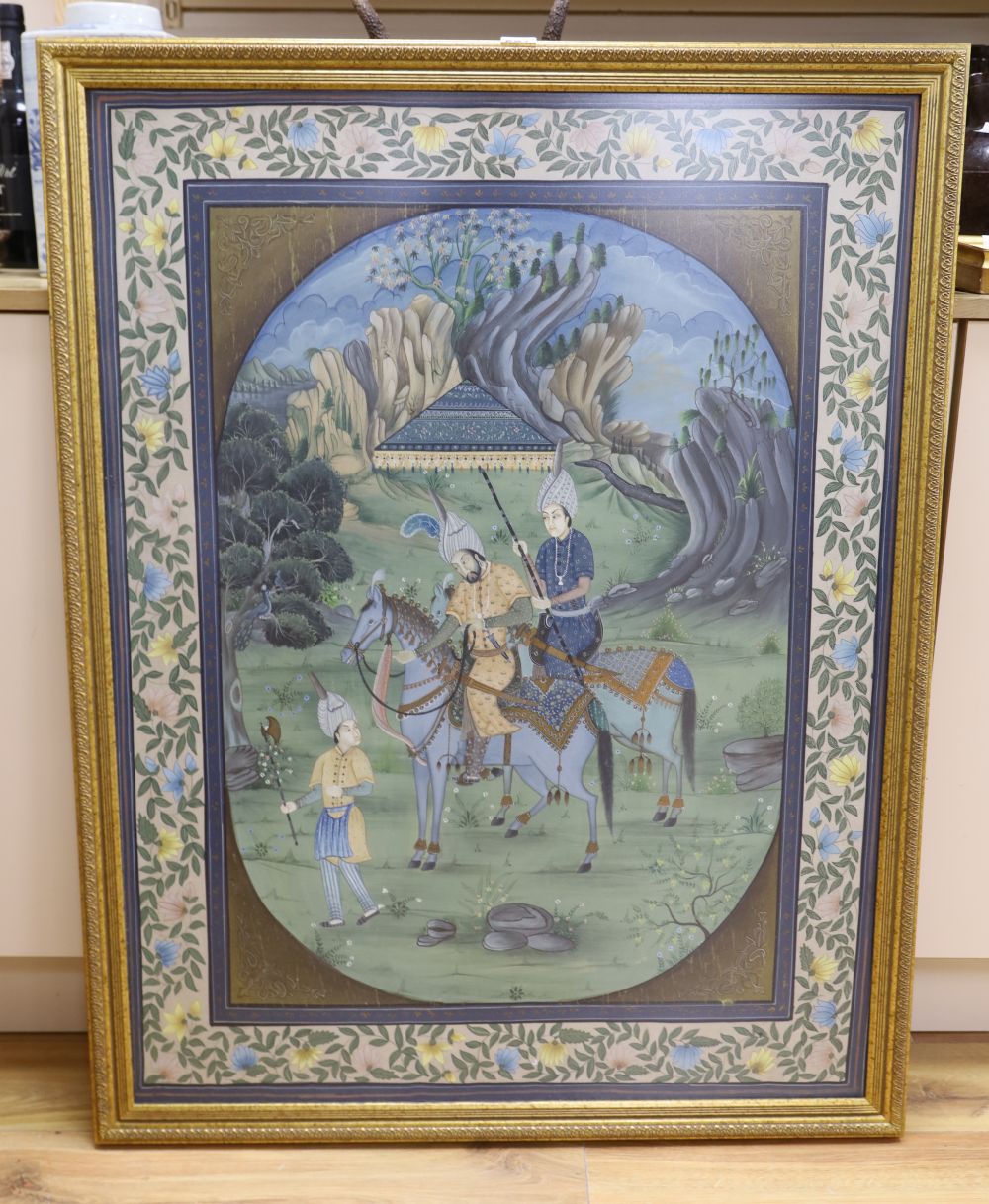 Indian School, gouache on fabric, Nobleman in a landscape, 96 x 73cm